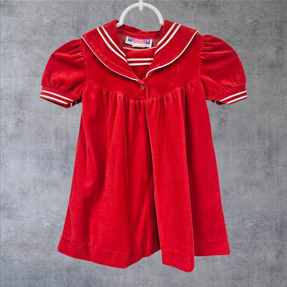 Vintage Petit Jardin Red Velour Nautical Short Sleeve Sailor Dress Size 4T H42